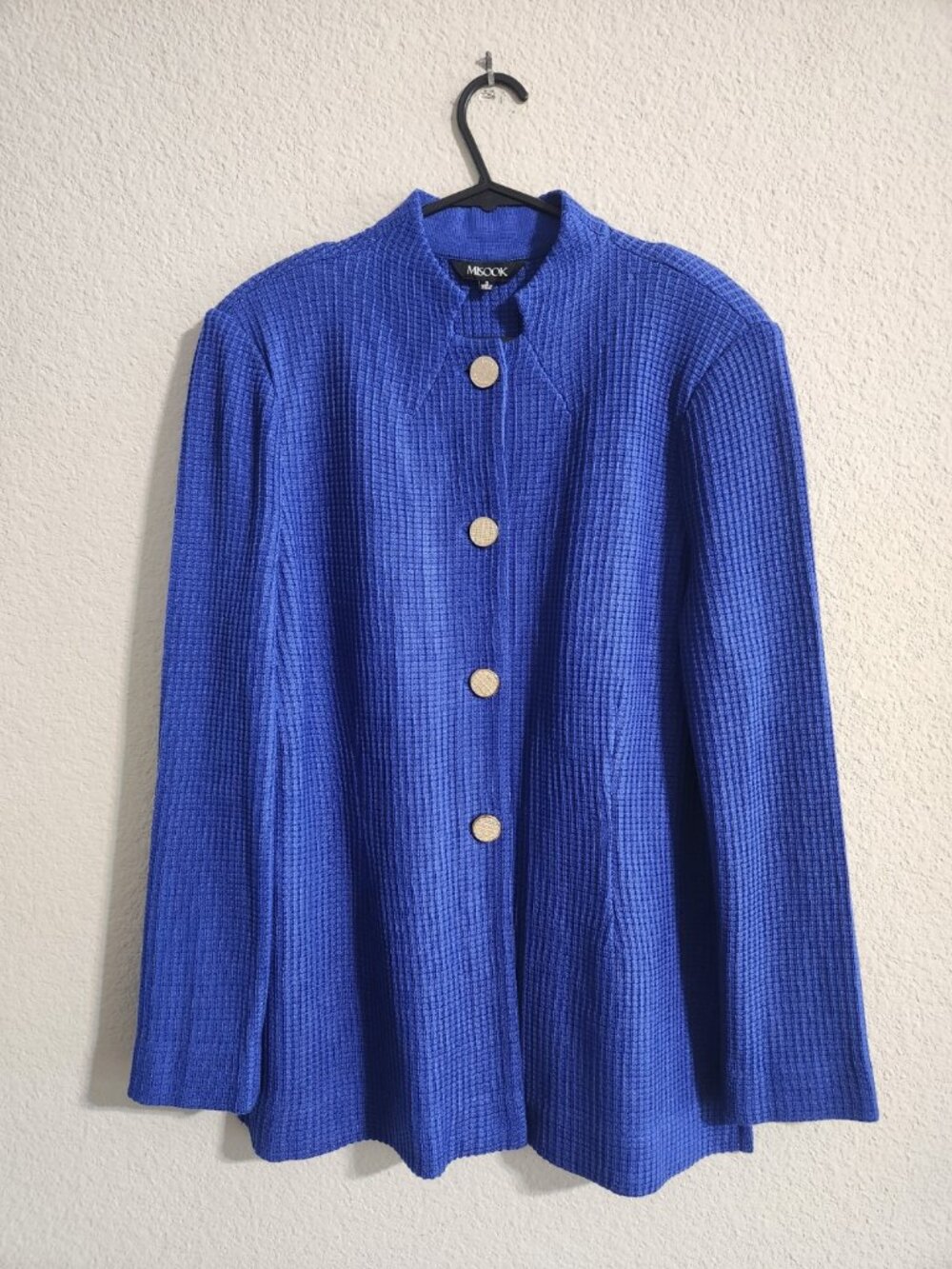 Misook Women’s Royal Blue Knit Jacket Waffle Texture Gold Buttons size small